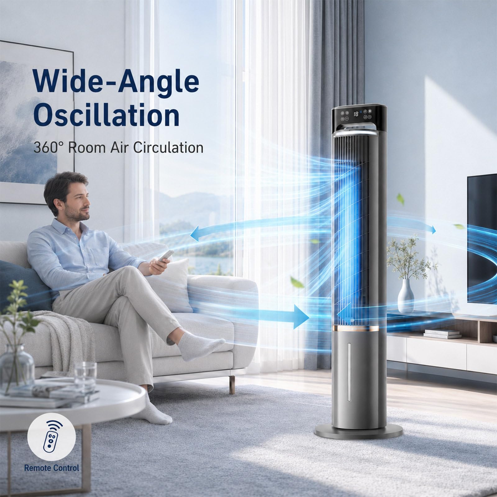 Aire Acondicionado Portátil, Climatizador con 3 Velocidades, Timer 12h | Ventilador de Torre Silencioso con Acumuladores de Hielo, Humidificador, Pantalla Táctil, Mando y Oscilación