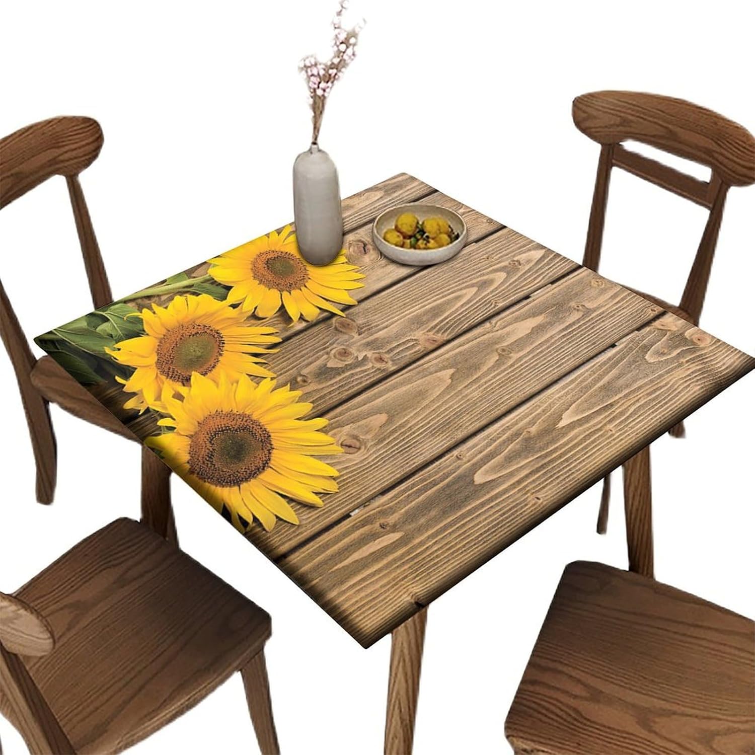 Edge Fitted Square Elastic Tablecloth, Wood and Sunflower Pattern Printed on Stretchable Polyester Table Cover, for Indoor Outdoor Kitchen Home Party Dinner Patio, Fit for 60" x 60"square table