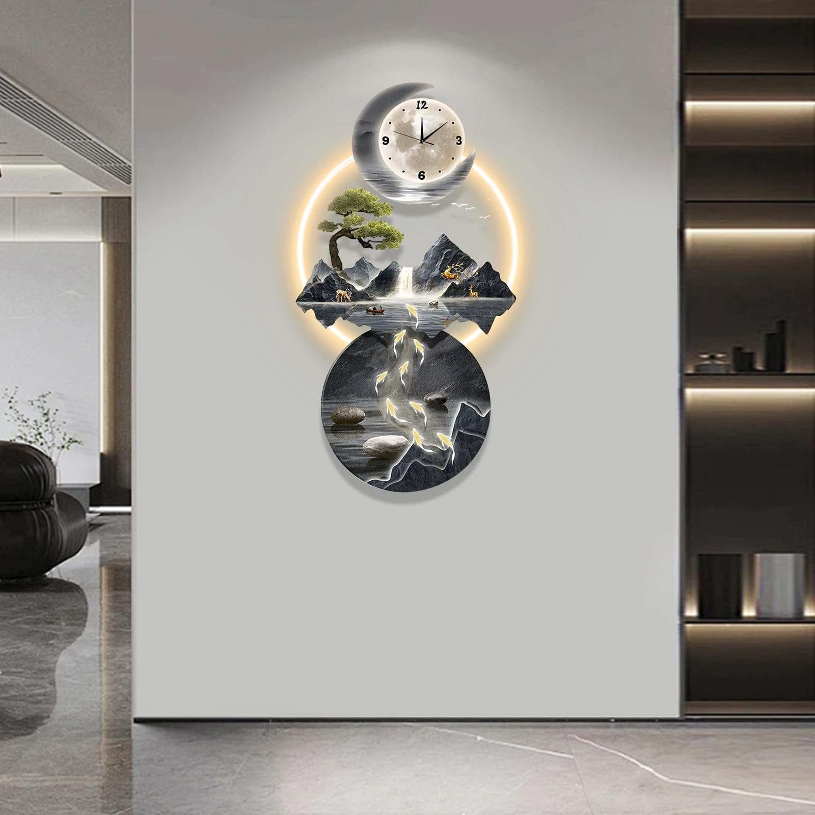 LED Light Art Wall Decor, 3D Art Wall Decor Clock, Decor Wall Sculptures with Lights, Modern Home Decor Landscape Wall Sculpture, Plug-in Power Supply, Blue A, 23x47IN