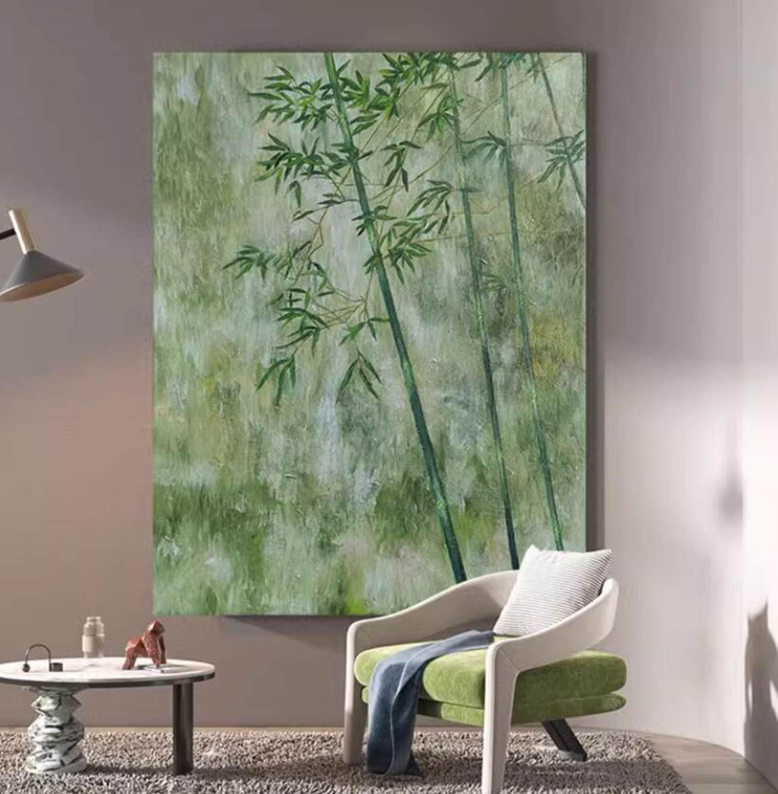 Peinture à l'huile grand format pour habiller un grand mur blanc forêt bambou