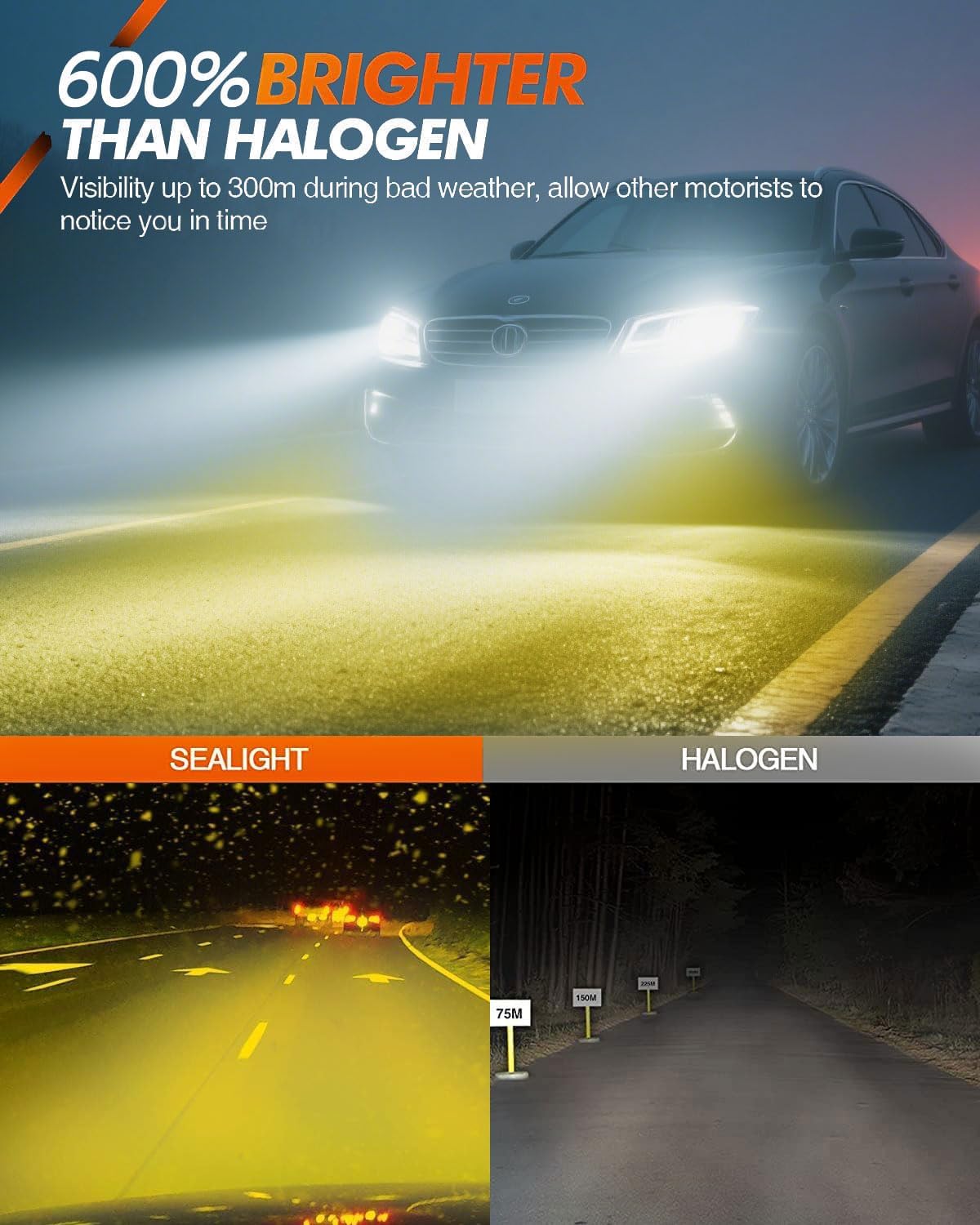 SEALIGHT H11 H16 H8 LED Fog Light Bulbs Yellow, 14000LM H8 H16 H11 Fog Light Bulb, 600% Brightness Upgrade 3000K Amber Yellow Light, 12 CSP Chips, Plug-and-Play, Pack of 2