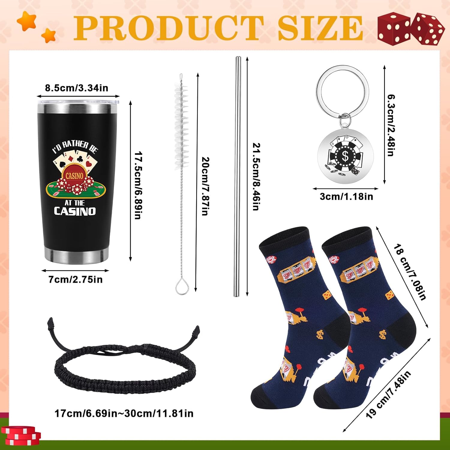 Gambling Gifts, Casino Gifts for Men Include 20 oz Casino Stainless Steel Tumbler Funny Socks Keychain Lucky Bracelet Slot Machine Gift for Christmas Birthday Party - Image 2
