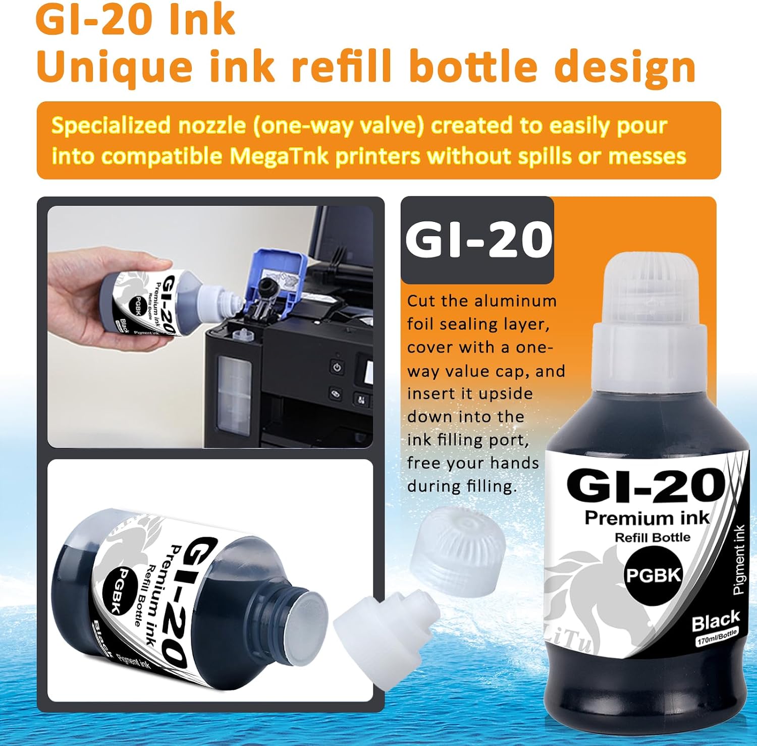 4-Pack GI-20 Ink for Canon GI-20 Ink Refill Bottles (170ml PGBK, 70ml CMY) image 4