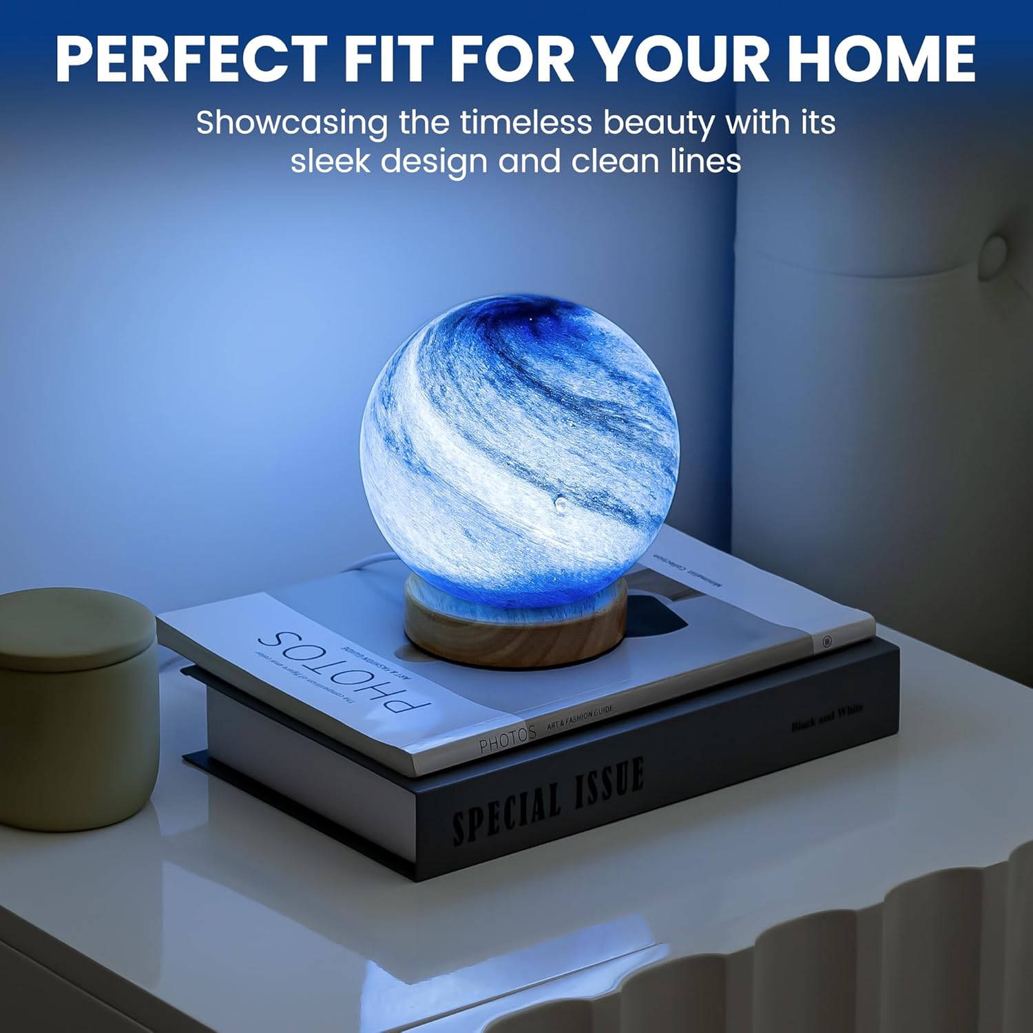 New Luxury Planet Night Light Glass Bedside with Wooden Base 3 Modes - Dimmable Swirl Planet Table Lamp for Bedroom Nightstand, Desk Lamp for Living Room, Office, Kids (Light Blue)