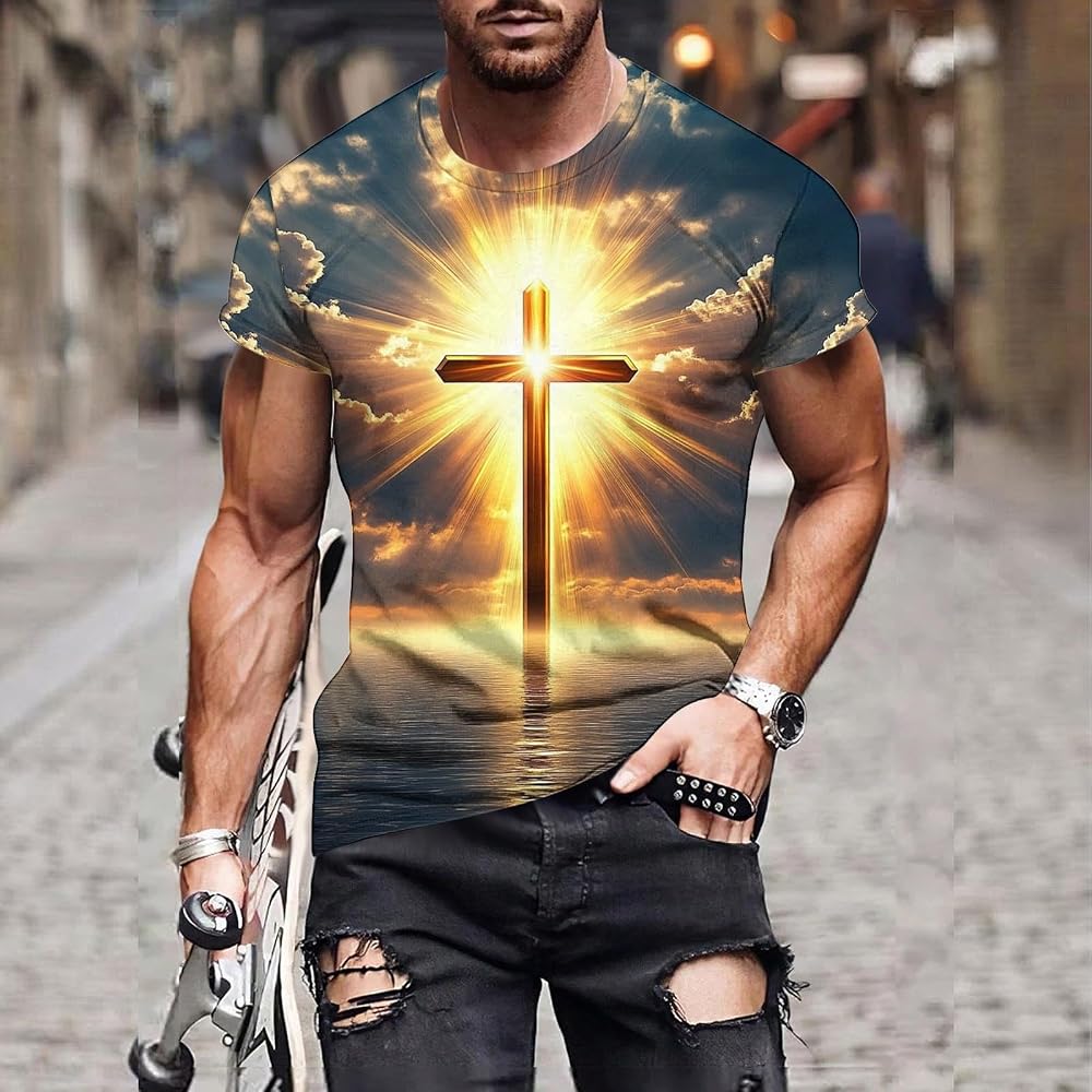 Men's 3D Cross Print Short Sleeve T Shirt Crewneck Christian Faith