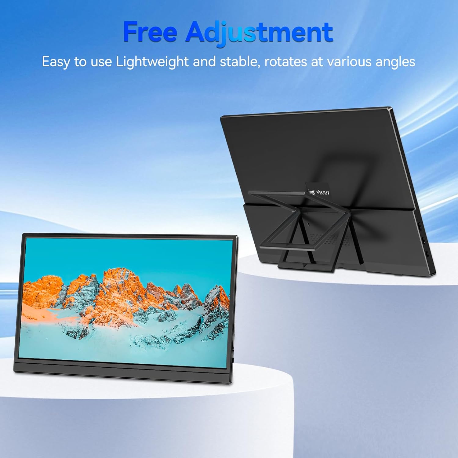 Veout portable monitor with its integrated kickstand deployed, showing adjustable angles.