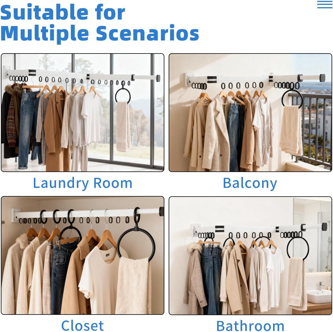 Wall Mounted Clothes Drying Rack, Foldable Laundry Drying Hanger Rack for Indoor & Outdoor Use - Laundry Rooms, Bathroom & Balconies (White)