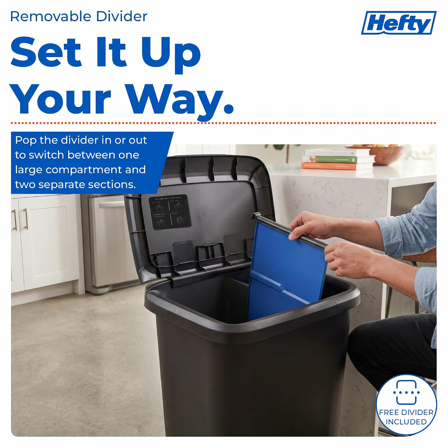 Hefty 20.4 Gallon Trash Can with Divider, Plastic Garbage Can Extra Large Capacity for Kitchen Garage Recycling, Dual Waste Basket, Heavy Duty Trash Bin, 1 Pack, Black