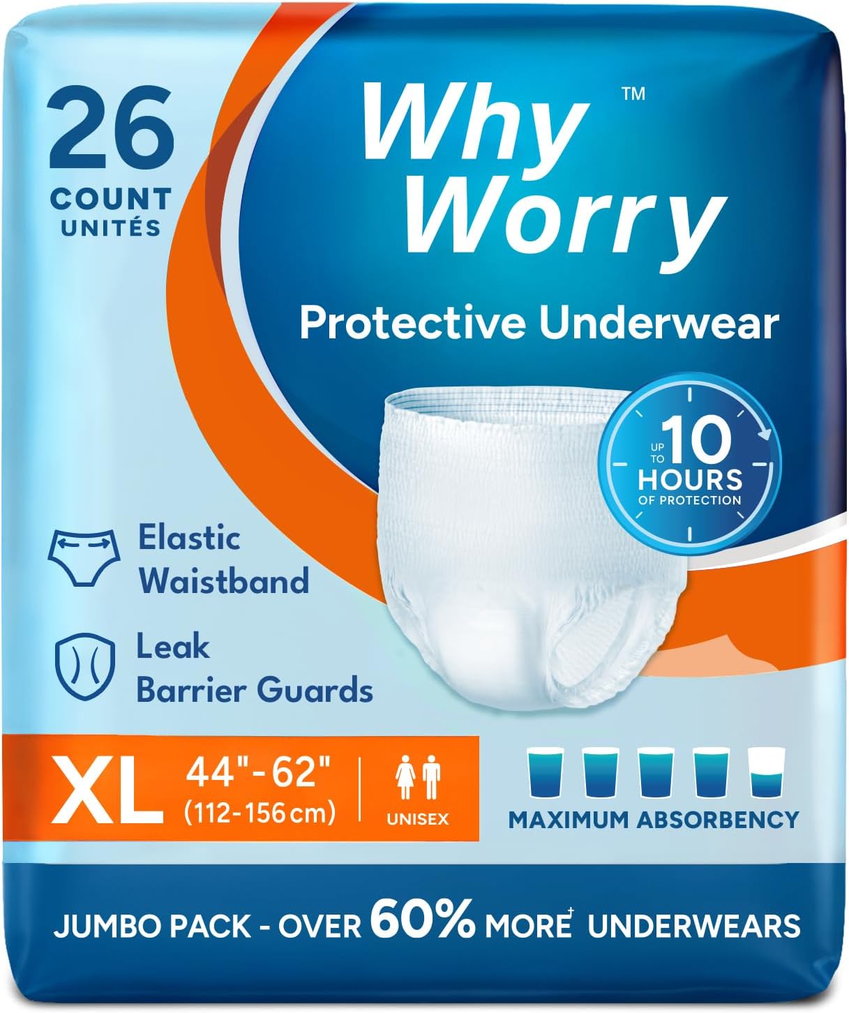 WhyWorry Incontinence Underwear for Women & Men, XLarge, 26 Count | Disposable Adult Pull Ups with Maximum Absorbency, Leakproof Adult Diaper Pants, Overnight Protection, Odor Control, Unisex