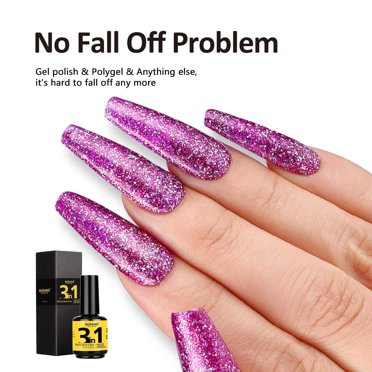 BURANO 3 in 1 Base Gel Nail Glue for Acrylic Nails, 15ML Multifunctional Nail Gel Glue for Nails Base Coat Slip Solution Using All In One : Beauty & Personal Care