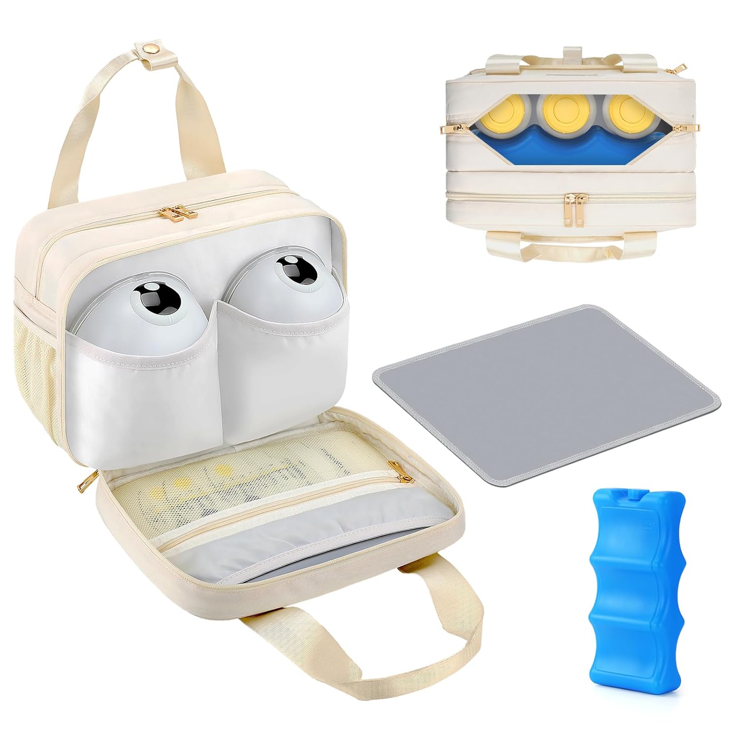 PIIOSER Breastmilk Cooler Travel Bag with Ice Pack, Compatible with Wearable Breast Pumps & Accessories - Portable Hands Free Breast Pump Carrying Case for Nursing & Working Moms, Cream
