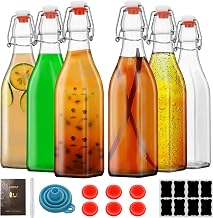 6 Pack 16oz Square Swing Top Glass Bottles, 500ML Bottles with Airtight Stoppers for Kombucha, Kefir, Vanilla Extract, Beer(Bonus Gaskets, Labels and Funnel)