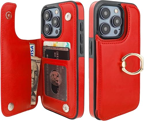 Miniatura 9 de Funda tipo cartera para iPhone 15 Pro con soporte para tarjetas, anillo de rotación de 360, función atril, bloqueo RFID, piel sintética, doble