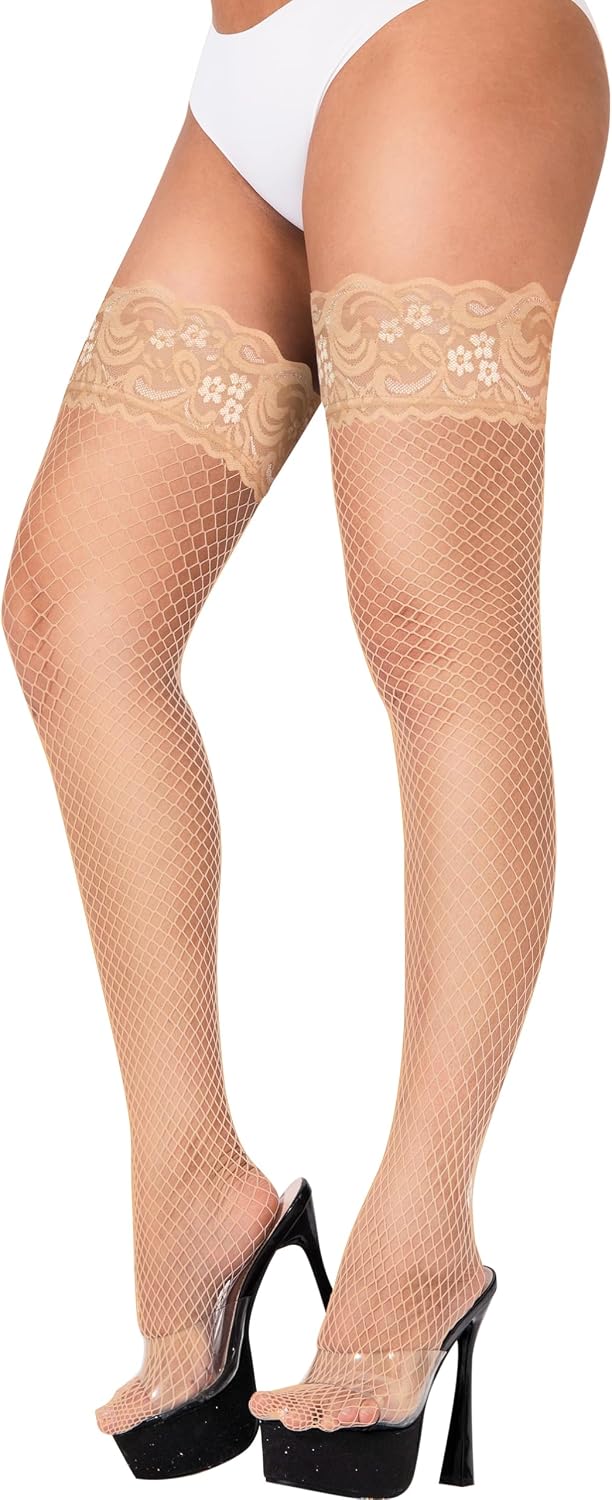 VOAKOW Fishnet Thigh High Stockings Silicone Lace Top Thigh High Fishnet Stockings
