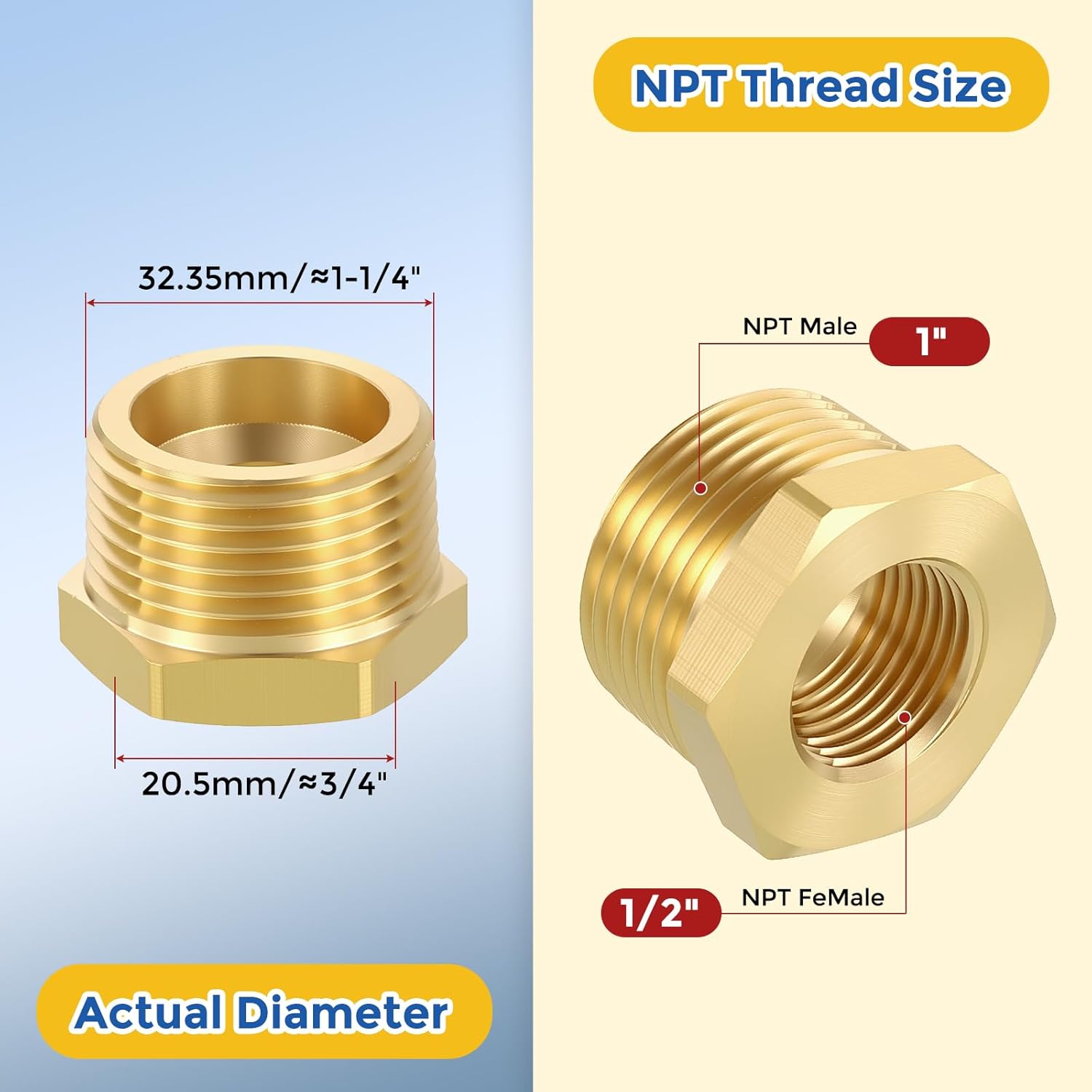 5 Pack Brass Pipe Fittings, 1" NPT Male to 1/2" NPT FeMale Brass Hex Bushing Reducer, Hose Tube Threaded Adapter for Air, Oil, LP