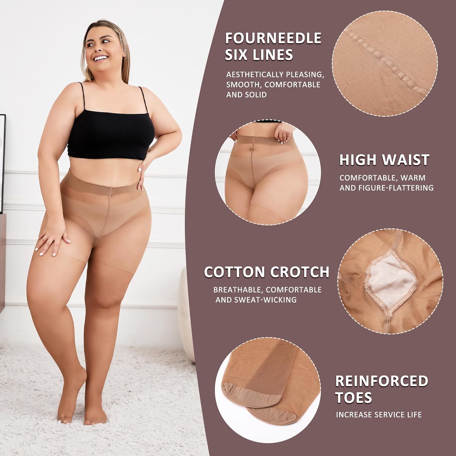 Plus Size Sheer Tights for Women 20D Ultra Thin High Waist Pantyhose with Cotton Crotch (XL-4XL, 3 Pairs) - Image 3