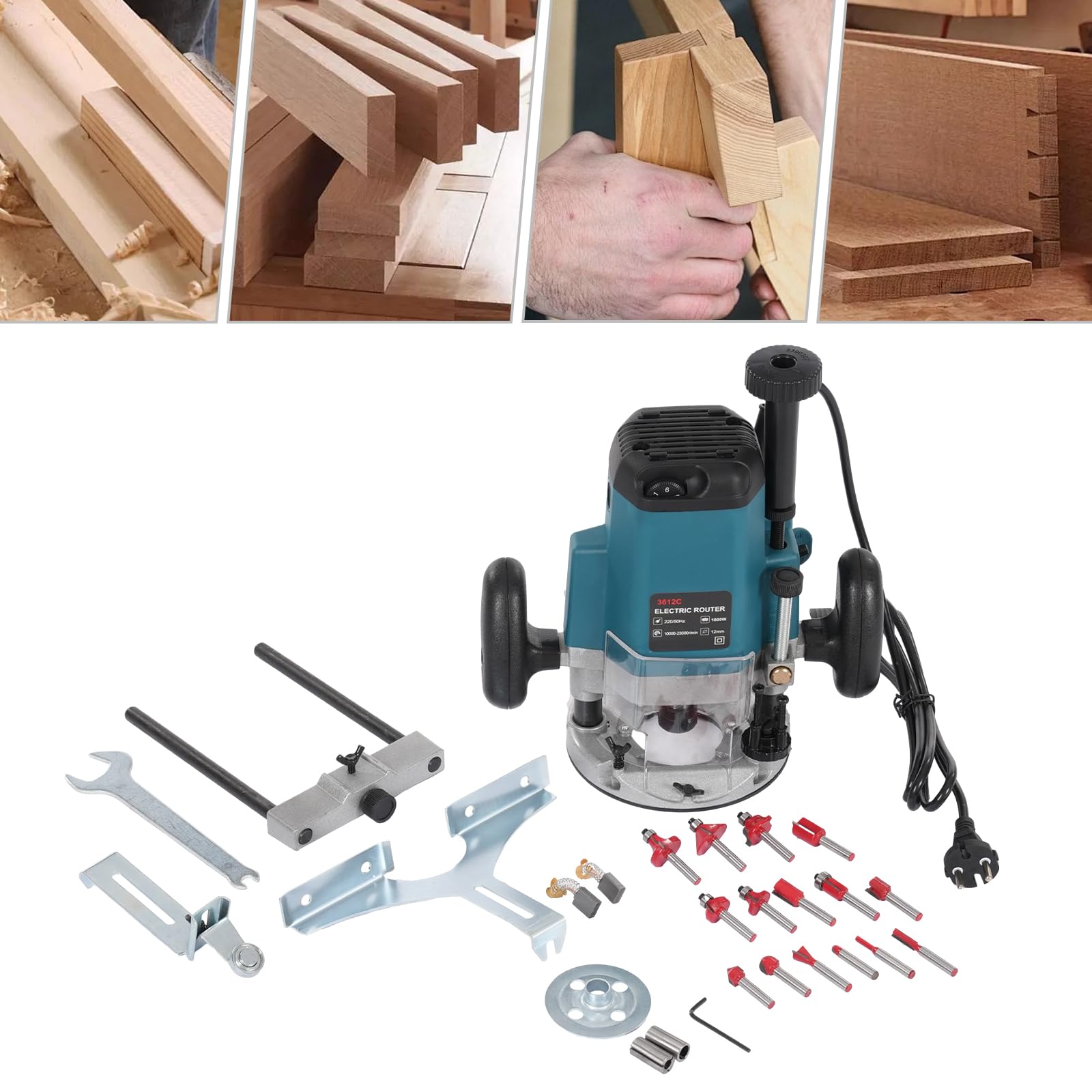 MINRS Fresadora de madera eléctrica, 2200 W, fresadora de 6,35 – 12,7 mm de diámetro, fresadora de cantos de 23000 rpm, con 15 pinzas de sujeción para carpintería