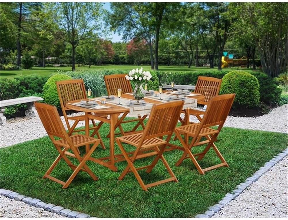 East West Furniture BSCM7CWNA 7 Piece Patio Dining Set Consist of an Oval Outdoor Acacia Wood Table and 6 Folding Side Chairs, 36x78 Inch, Natural Oil