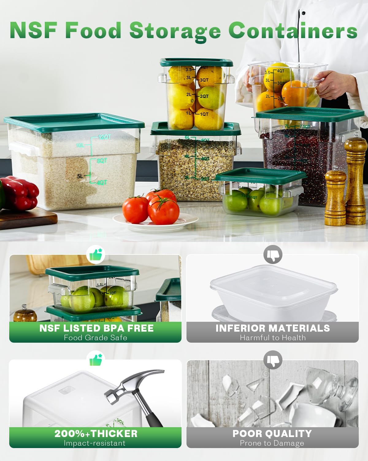 12QT NSF Food Storage Containers: 6PCS [Food Grade][Hot&Cold Resistant] Commercial Clear Food Storage Containers with Lids for Restaurant Kitchen Proof Dough, Measuring Spoons Included(GREEN)