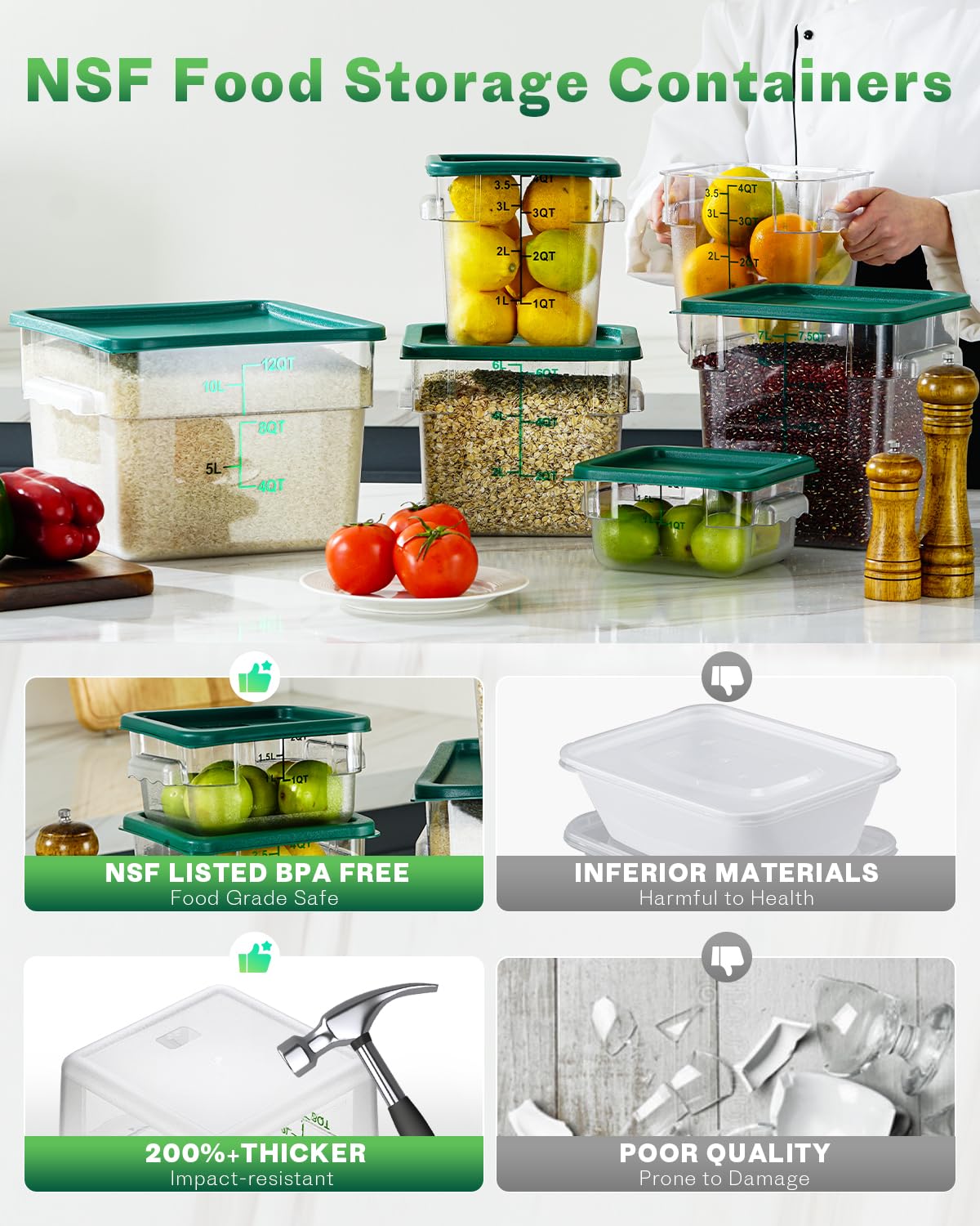 4QT NSF - Contenitori per alimenti, 8 pezzi, per uso alimentare, resistenti al caldo e al freddo, trasparenti, con coperchio, per impasti da cucina e ristoranti, cucchiai dosatori inclusi (verde)