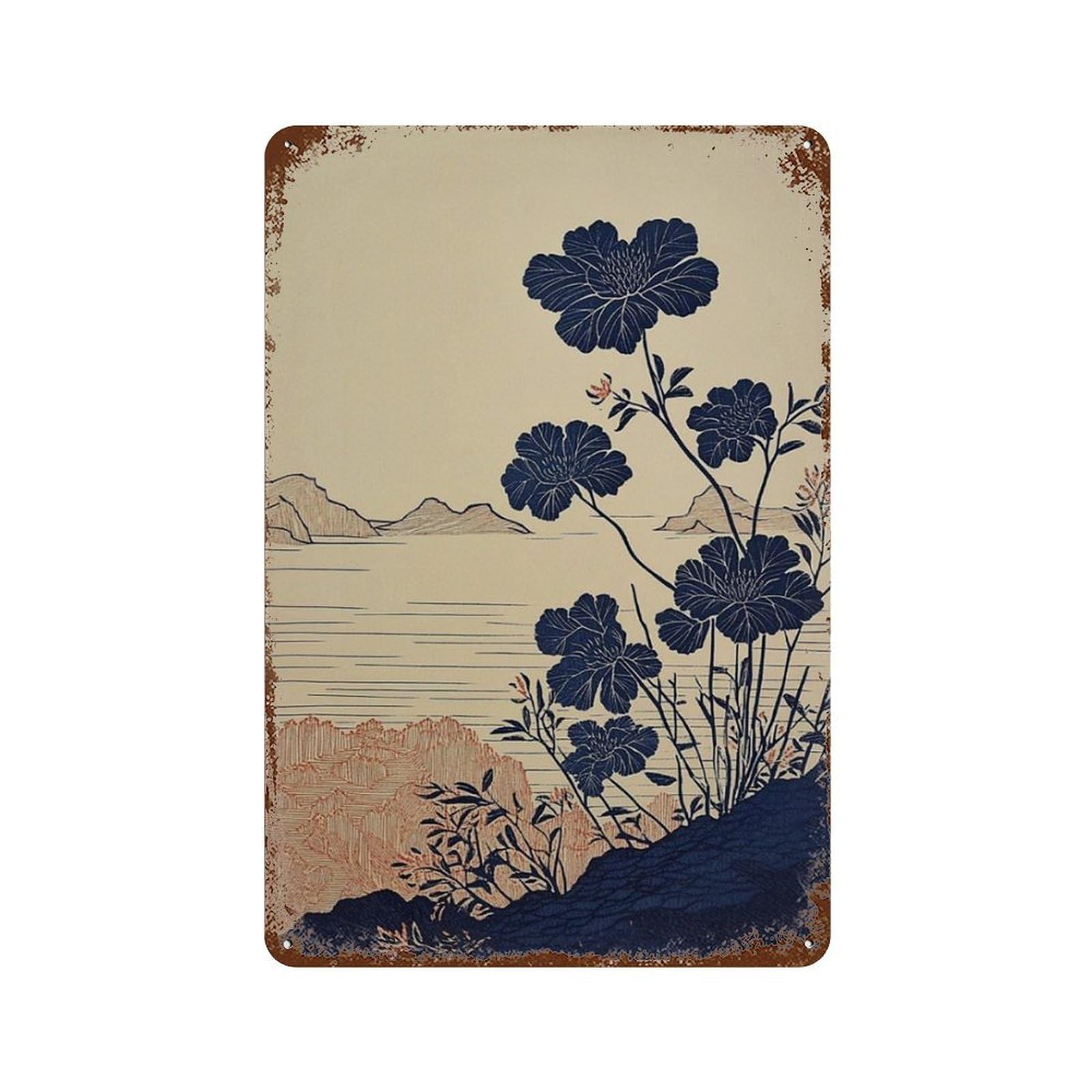 xiaoxiaoshen Japanese Coastal Tree Blue And Beige Landscape Minimal Ocean Cliff Wall Decor Art Metal Tin Poster Modern Home Decor Art Home Bar Shop Decorations Vintage Sign 30x20cm