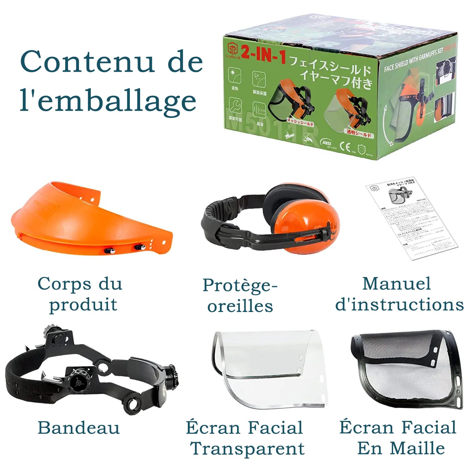 Visière de tronçonneuse, visière de protection du visage et cache-oreilles, combinaison 2 en 1, visière de protection rabattable livrée avec 2 boucliers de protection du visage (maille et
