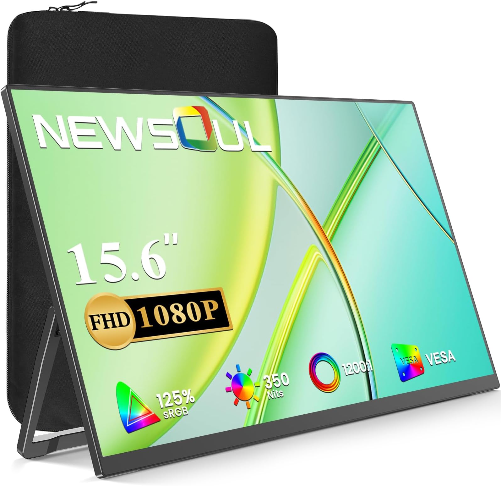 Newsoul Portable Monitor 15.6 Inch, 125% sRGB Laptop Monitor Built-in 0~180°Adjustment Stand | Speaker | VESA, HDMI USB-C Plug&Play, Ultra-Thin Second Extender Screen for Phone Game Console