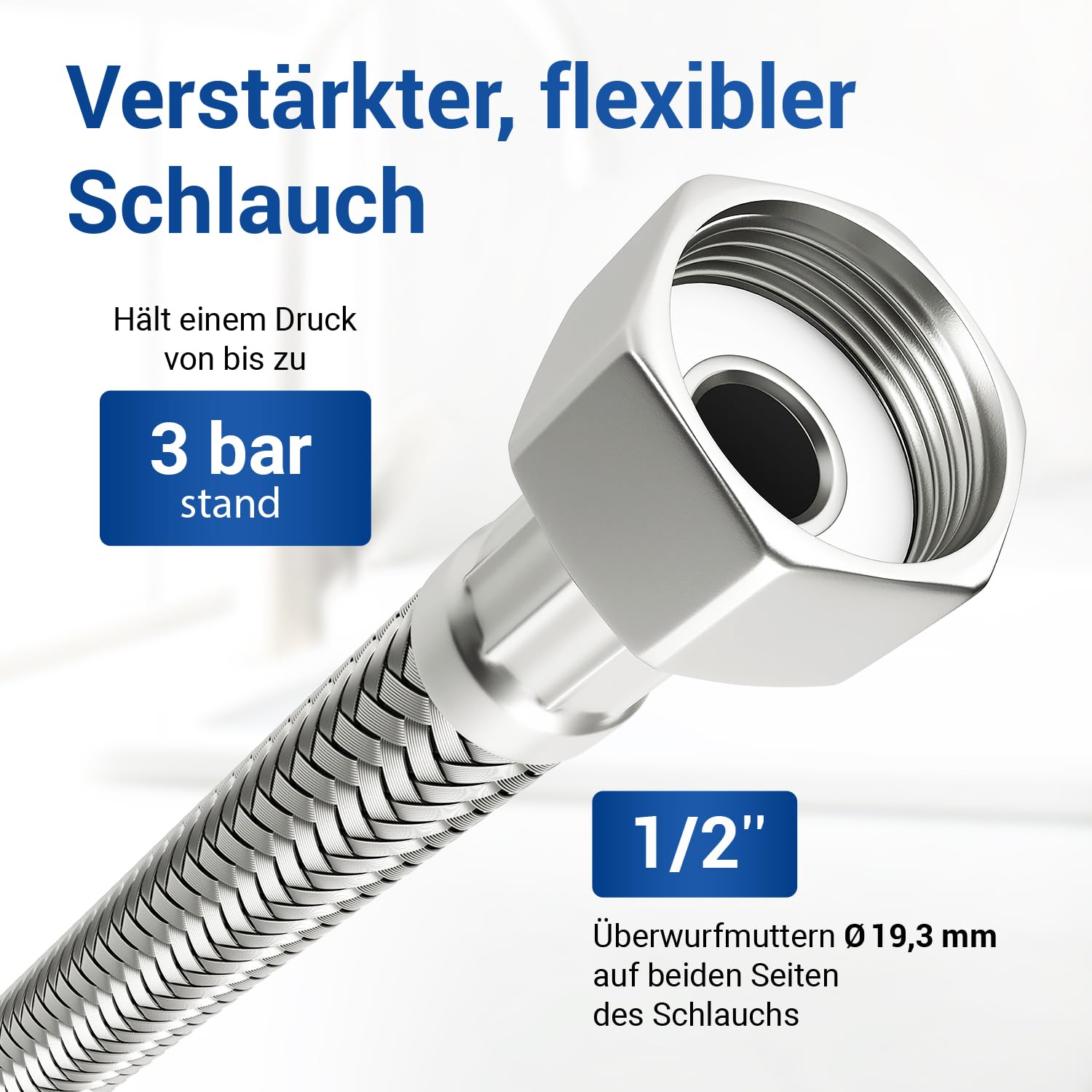 Stainless steel reinforced hose 200 cm with 2 x 1/2" connection suitable for drinking water