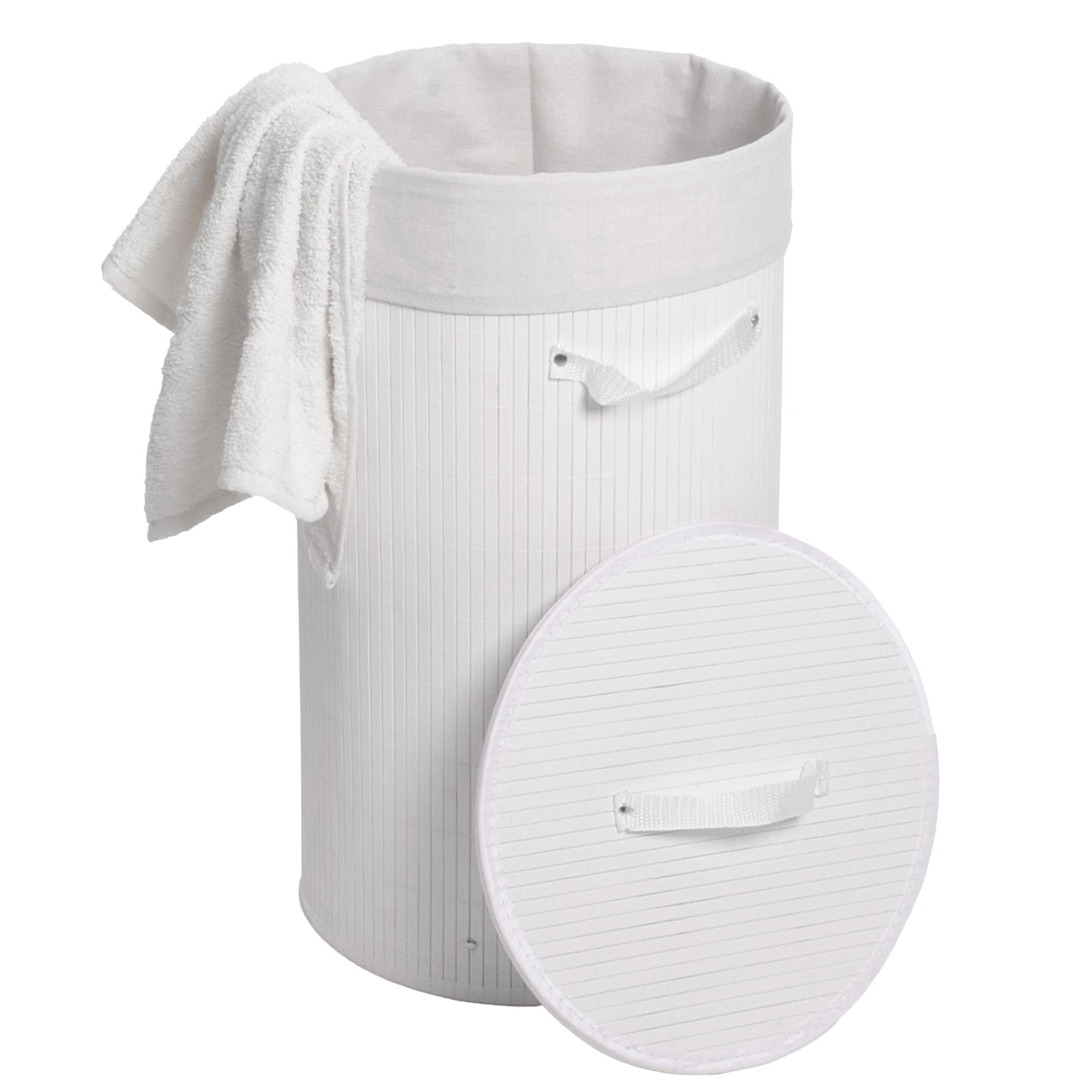 Cesta borsa portabiancheria bagno elegante HWC-C21 legno bambù 50l - bianco