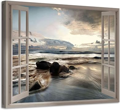 ARTISTIC PATH Open Window Rocky Beach Canvas Wall Art, 16x11 Inch