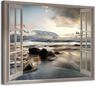 ARTISTIC PATH Open Window Canvas Artwork Print: Rocky Beach with Sunset Prints Fake Window Wall Art for Bathroom (16''W x 11''H,Multi-Sized)