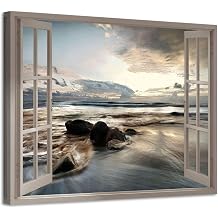 ARTISTIC PATH Open Window Rocky Beach Canvas Wall Art, 16x11 Inch