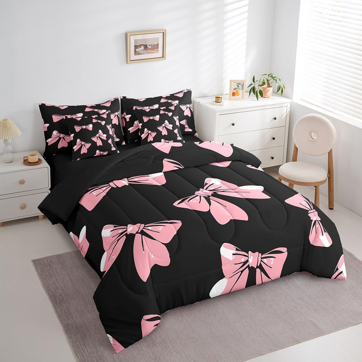 Feelyou Kids Bowknot Comforter Set Twin Size 7 Pieces Bow Boys Girls Fairy Princess Themed Bedding Set Black Pink Bed in a Bag with Comforter, Sheets, Pillowcases & Cushion Cover