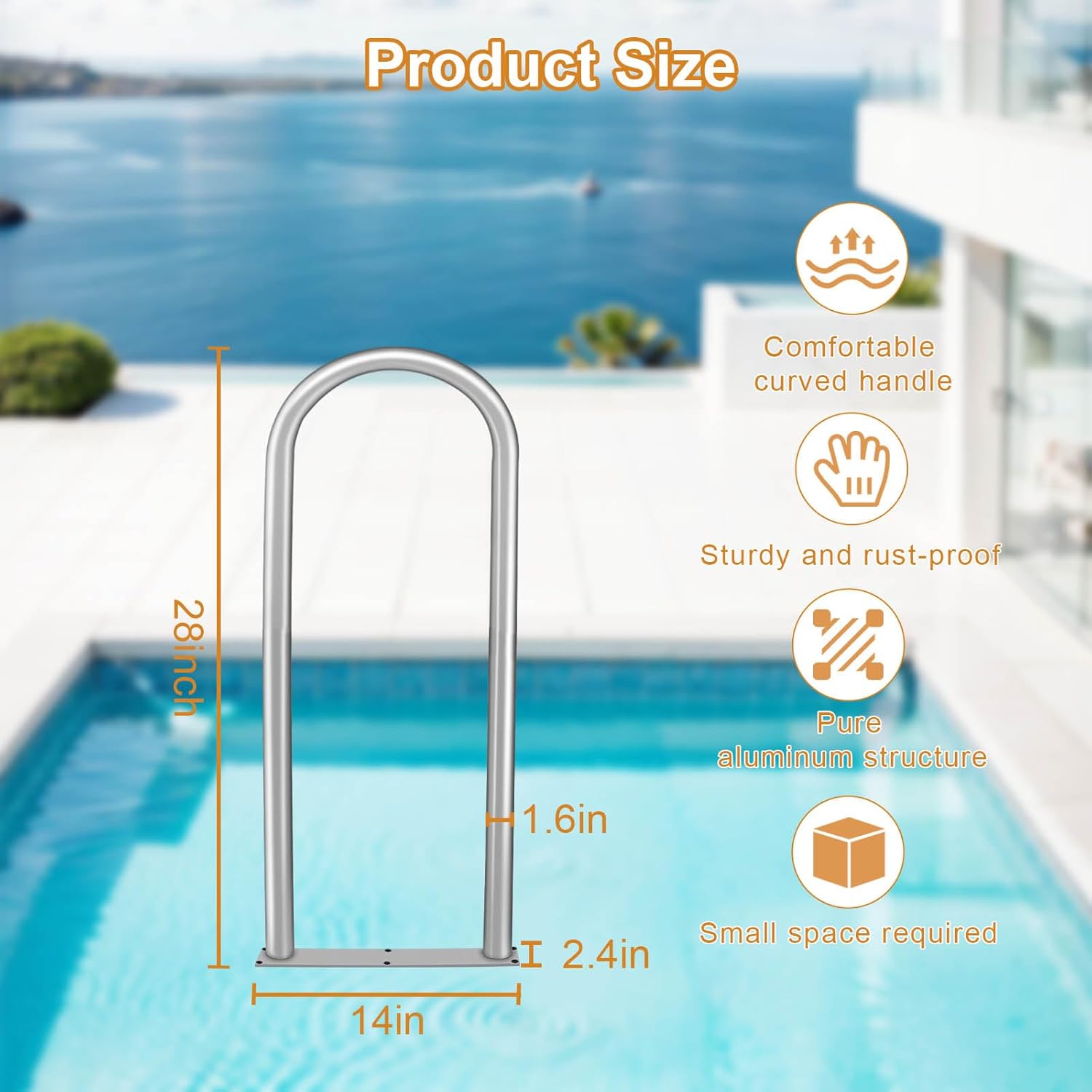 Aluminum Dock Boarding Handrail, 28" x 13" Swimming Pool Railing & Hot Tub Handrail, Boat & Dock Boat Safety Grab Bar, Handrails for Outdoor Steps with Base Plate for Indoor/Outdoor Pools/Spas Docks