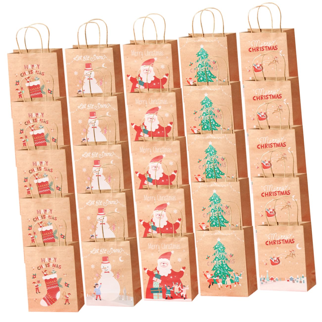 NULYLU 25pezzi Sacchetti Di Natale Carta Con Manici Di Sacchetti Natalizi Per Feste Confezioni e Decorazioni Sfondi Calze Babbo Natale Pupazzo Di Renna