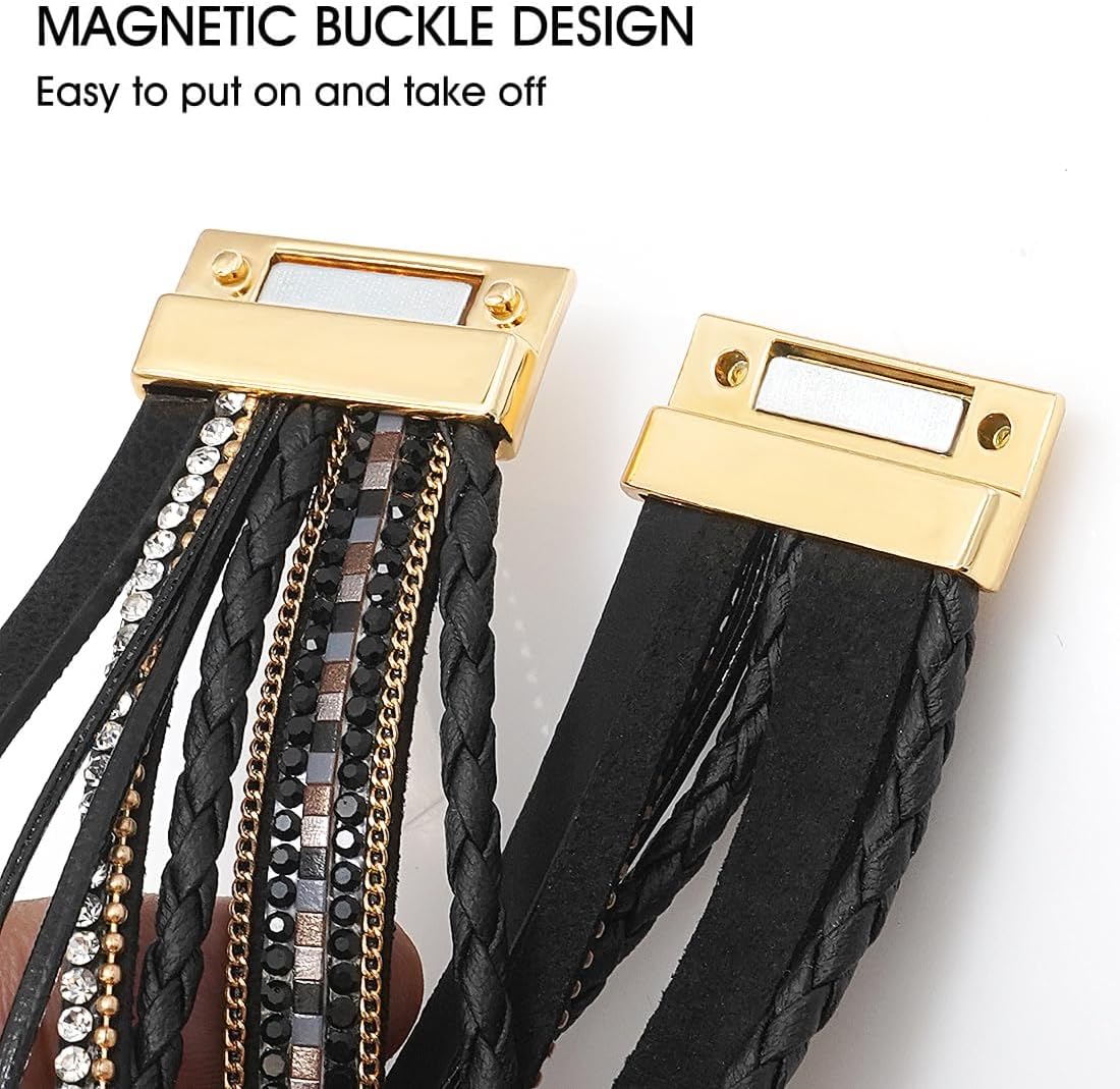 Suyi Multilayer Leather Wrap Bracelet Heart-Shape Wide Cuff Bracelets for Women