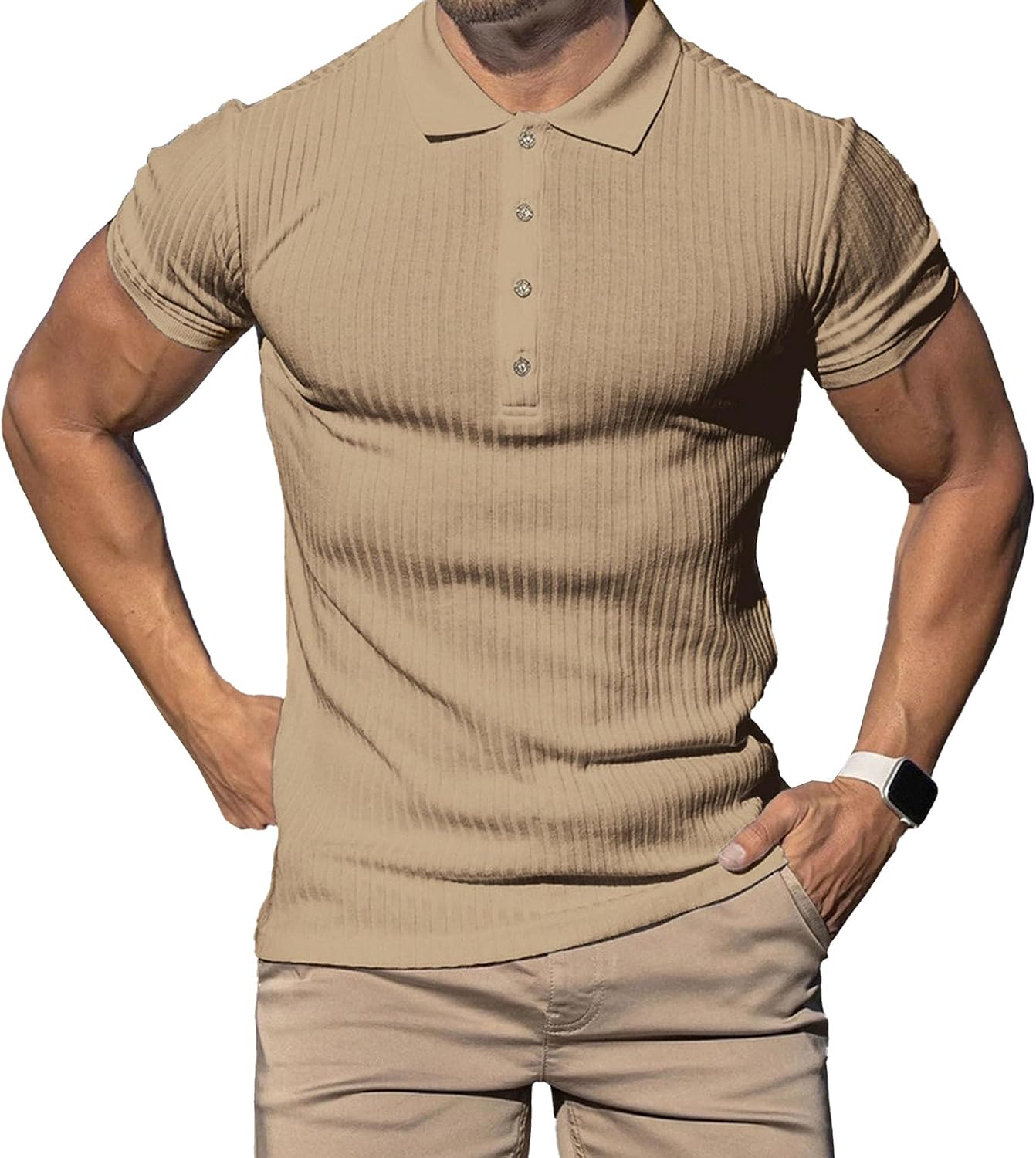 Maiyifu-GJ Men's Slim Fit V-Neck Polo Shirts Short Sleeve Ribbed Knit Muscle Tees Casual Breathable Gym Workout T-Shirts