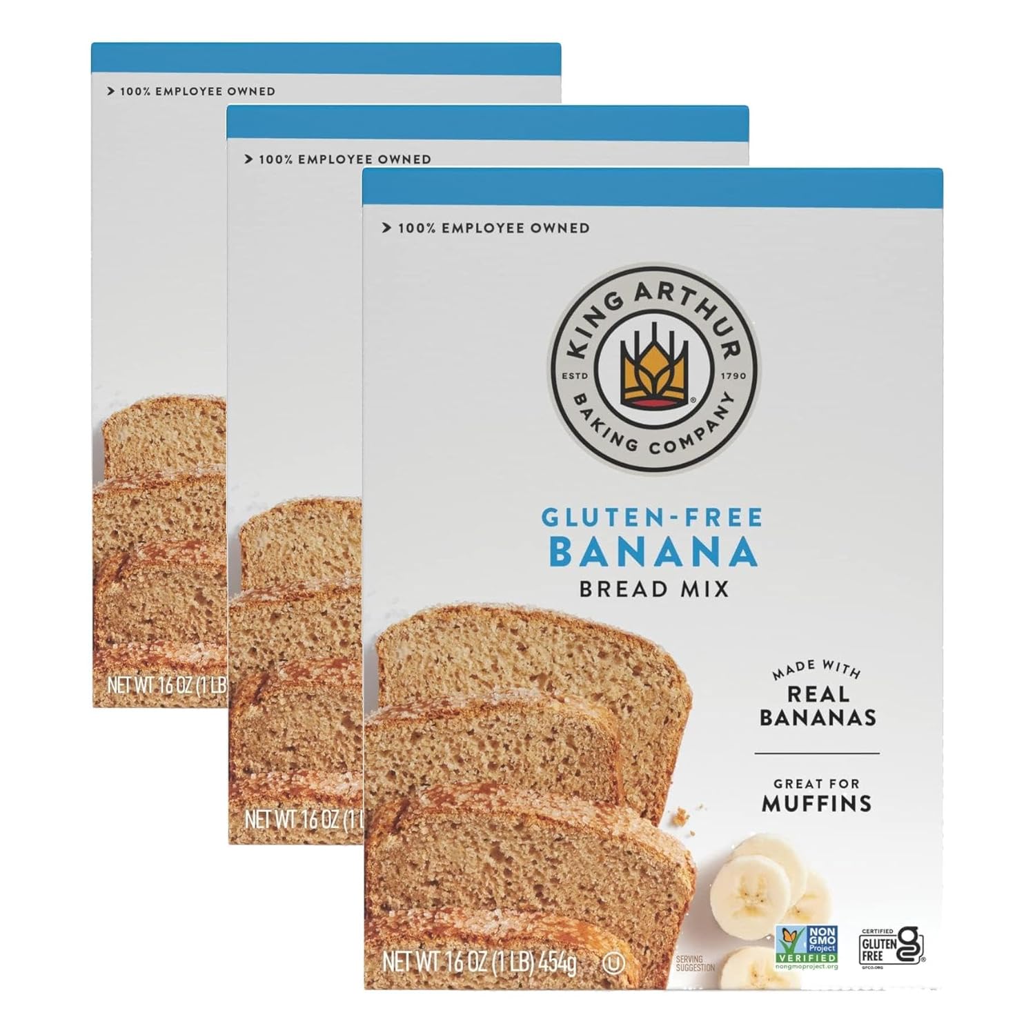 King Arthur, Gluten Free Banana Bread + Muffin Mix, Gluten-Free, Non-GMO Project Verified, Certified Kosher, 16 Ounces (Pack of 3)