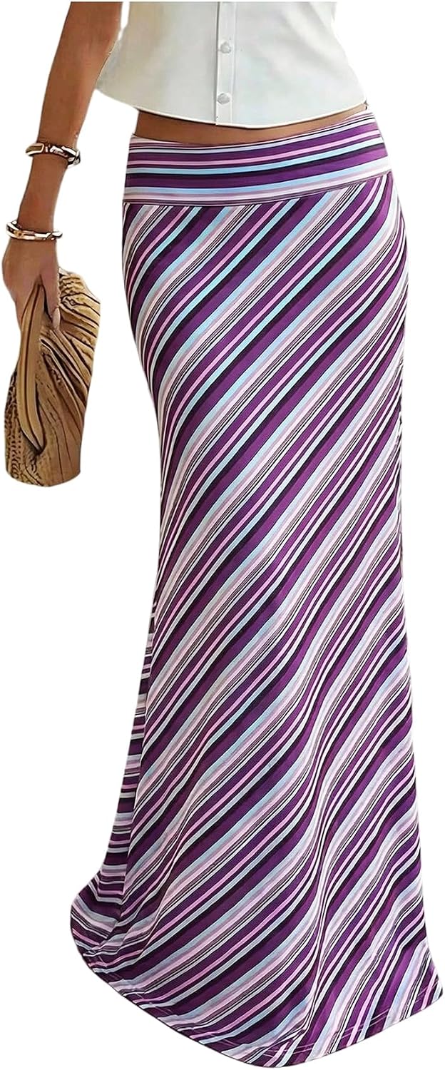 GORGLITTER Women's Striped Boho Ruffle Maxi Skirts Dressy Casual Low Rise Elegant Business Party Floor Length Skirt