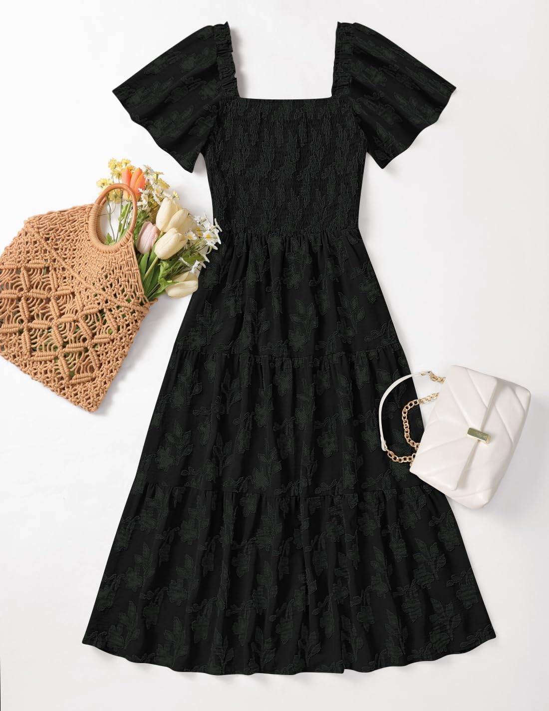 ZESICA Women‘s Summer Boho Floral Midi Dress 2026 Casual Short Sleeve Square Neck Flowy Beach Vacation Long Dress - Image 5