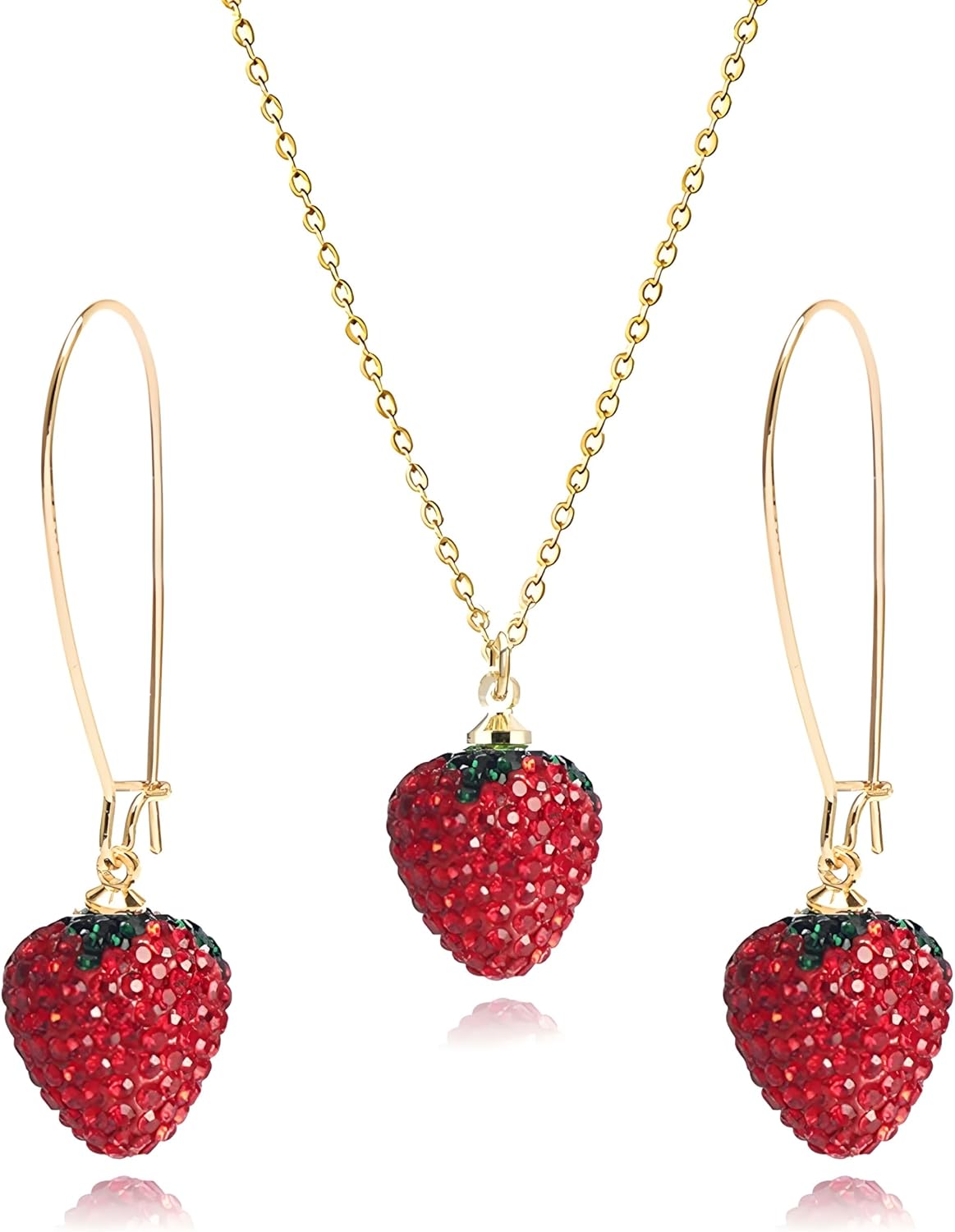 WCRAZYE Strawberry Earrings Necklace Sets for Women Cute Lifelike Cubic Zirconia Red Crystal Fruit Strawberry Earrings