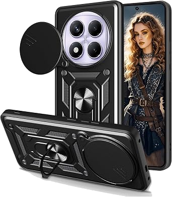 for Xiaomi Redmi Note 14 Pro Case with Slide Camera Lens SJ-Black | Military Grade Rugged Shockproof Protection Cover with Ring Kickstand for Xiaomi Redmi Note 14 Pro Armor Case