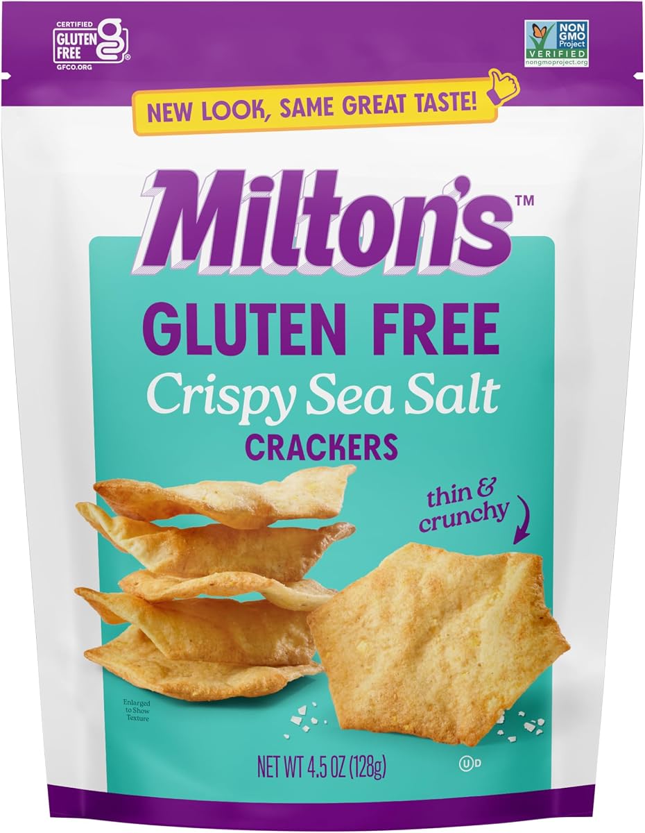 Milton’s Gluten Free Crackers, Crispy Sea Salt - Non-GMO Project Verified, Kosher, Certified Gluten Free Snack, 5 Grains In Every Bite - 4.5 Oz | Crispy gluten free sea salt crackers made with five grains for lunches, appetizers, and everyday snacking.