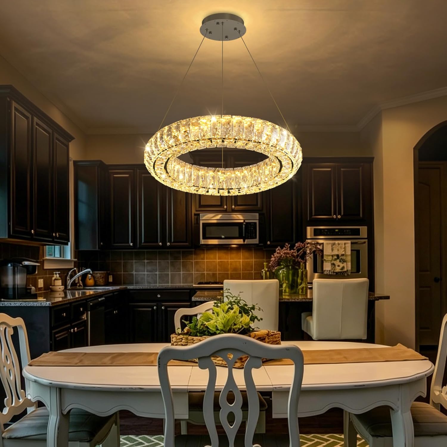 15.7" Modern Crystal Chandelier Dimmable Ring Pendant Light Round Crystal Chandeliers for Living Room Dining Room Bedroom Black
