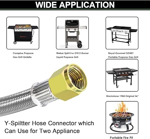 Miniatura 7 de Regulador de propano ajustable de 0-30 PSI, manguera trenzada de acero inoxidable con manómetro, 2 mangueras de divisor en Y QCC1 a 38 pulgadas,