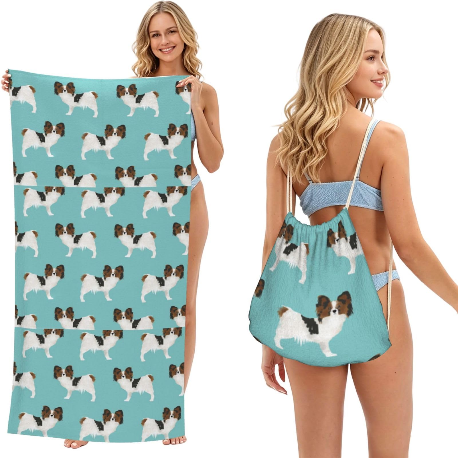 Poadnly As Picture Papillon Dogs Cute Toy Spaniel Dog, 2 In 1 Packable Towel Bag, Beach Towels With Drawstring Backpack For Travel Holiday Camping