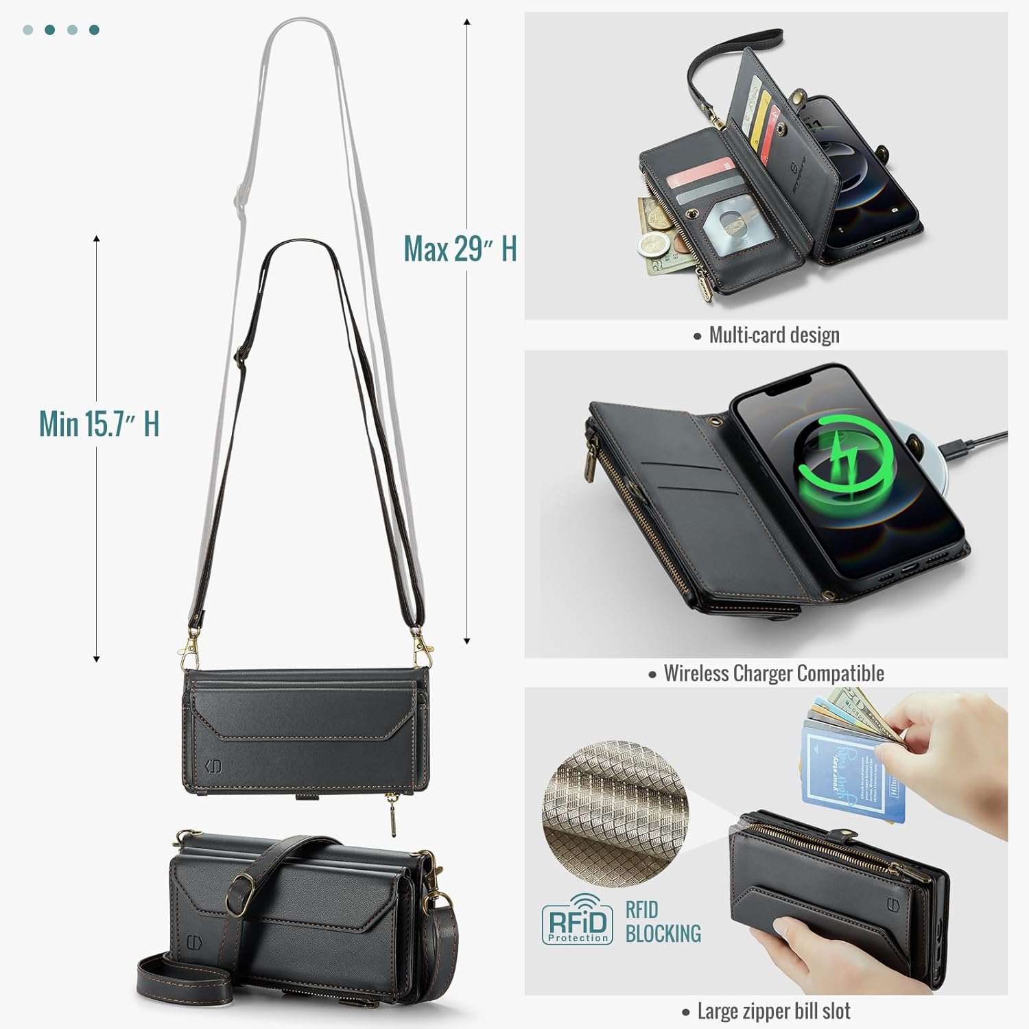 Strapurs Crossbody Wallet Case Compatible with iPhone 17e / iPhone 16e RFID Blocking 7-Card Holder PU Leather Magnetic Snap Shoulder Strap Zipper Pocket Phone Cases for iPhone 17e / 16e - Black