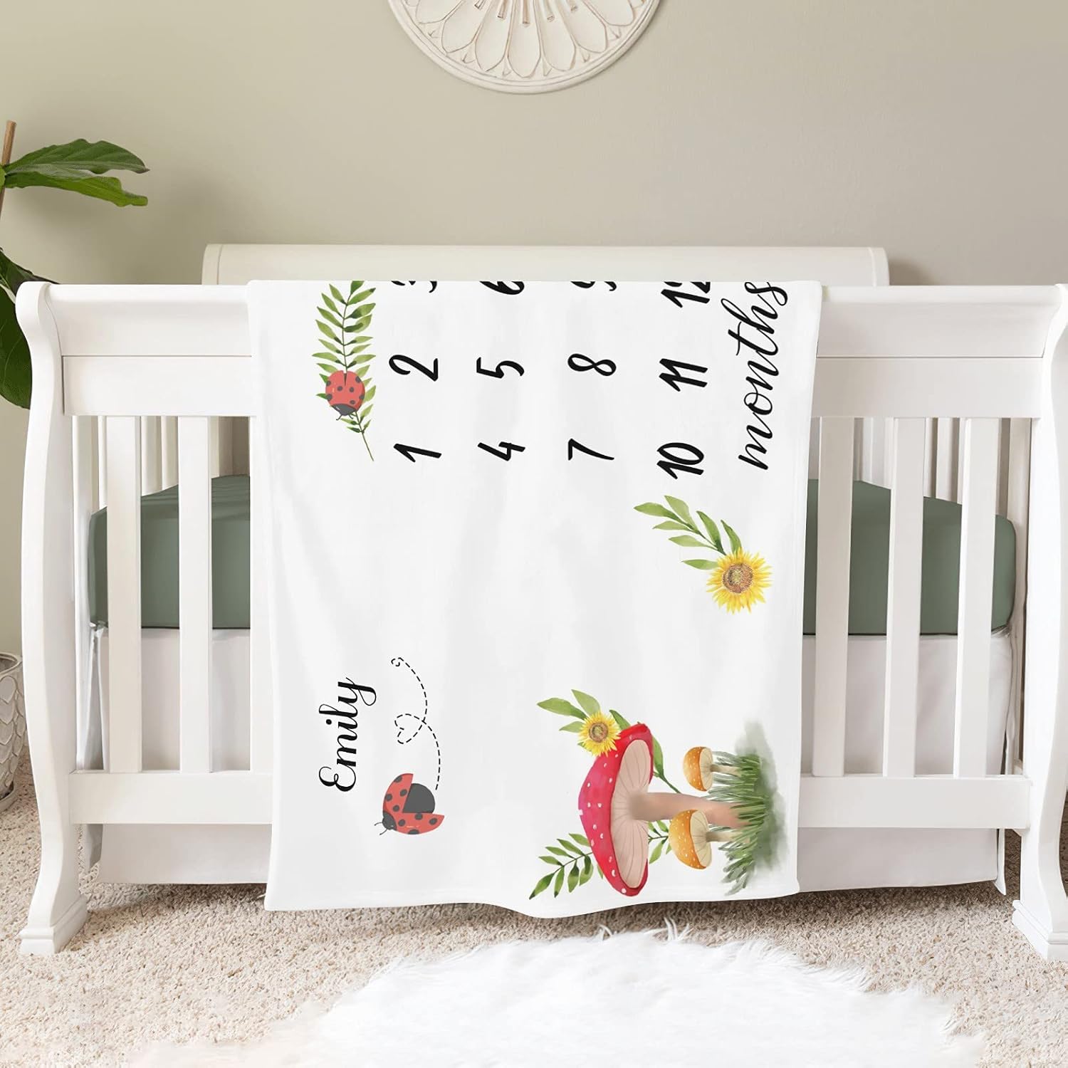 Mushroom Ladybird Monthly Milestone Personalized Receiving Baby Blankets for Girls Boys Kids with Name,Customized Swaddle Blankets Gift for Newborn Crib Infants 30x40 Inches