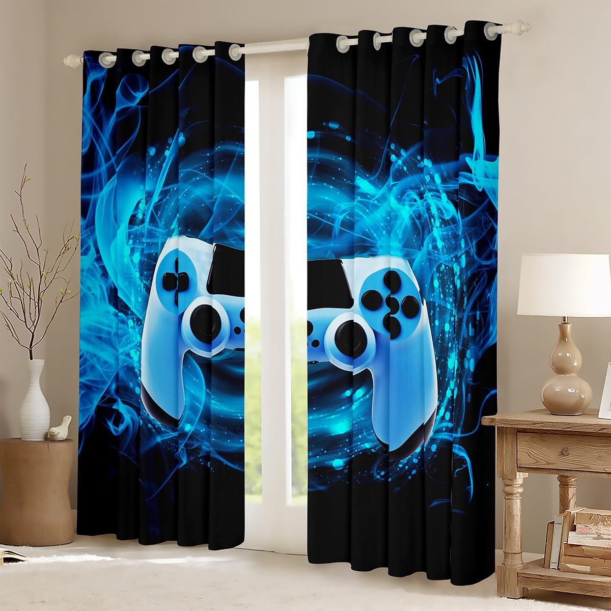 Vorhänge für Spiele, Schlafzimmer, Wohnzimmer, Spielzimmer, Verdunklungsvorhänge, Kinder, Jungen, Videospiel, Gamepad, wärmeisoliert, Fenstervorhänge, Konsole, Spielkonsole, Vorhang, blau, W46 x L54