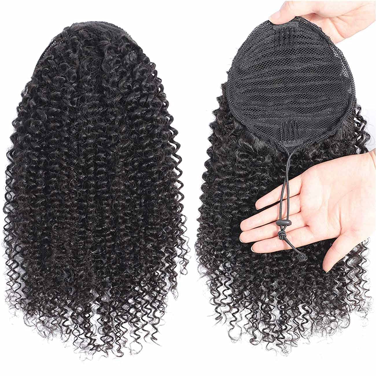 Black Curly Long Ponytail Extension Drawstring Ponytails for Black Women Remy Human Hair Extensions Curly Ponytail with 2 Clips(1B 18 Inch)